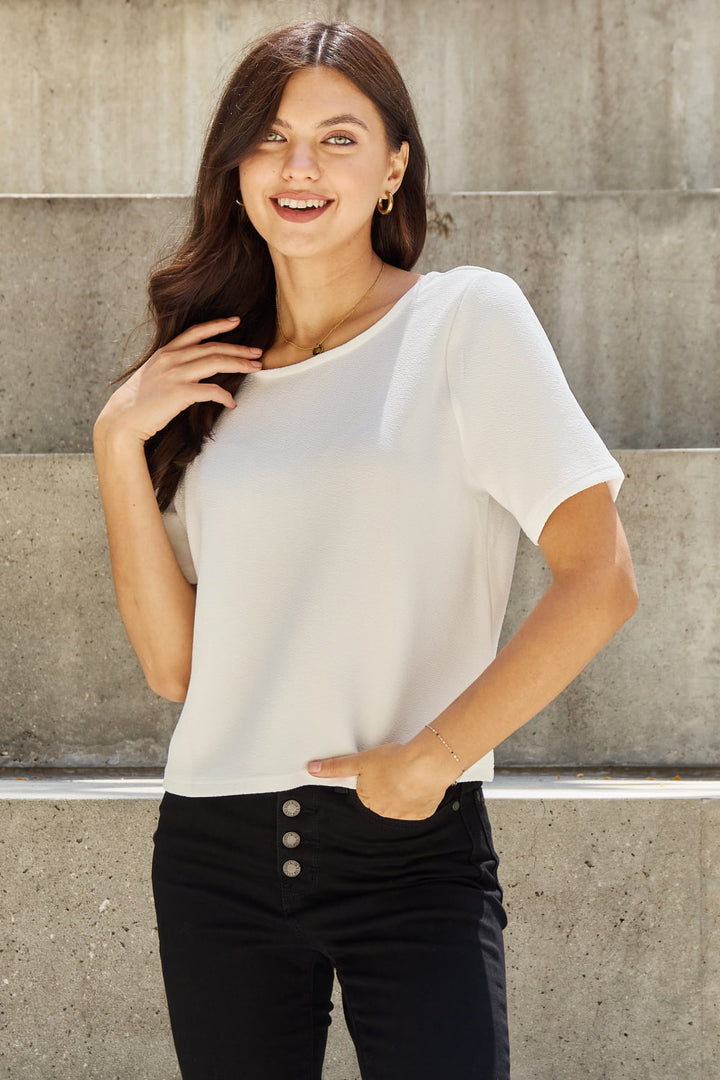 Off White And The Why Pearly White Full Size Criss Cross Pearl Detail Open Back T Shirt