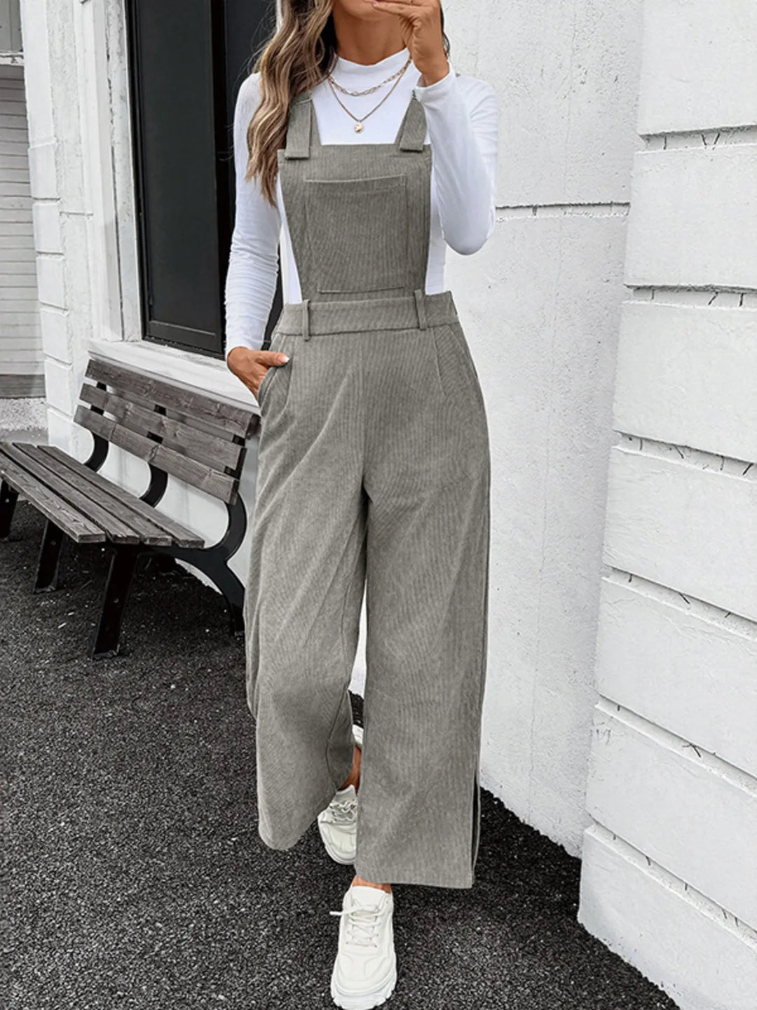 Slit Wide Leg Overalls With Pockets