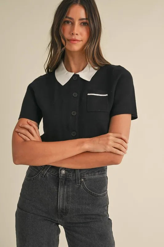 Black Mable Button Down Contrast Collared Knit Cardigan