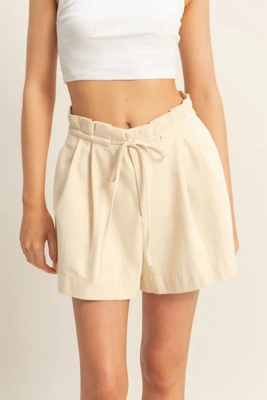 Oatmeal Hyfve High Waisted Washed Twill Paperbag Shorts