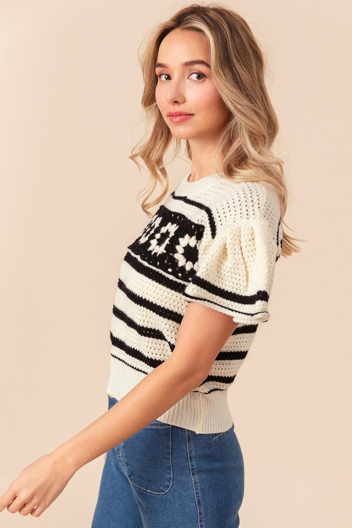 Ivory/Black Bibi Granny Square Short Sleeve Striped Sweater