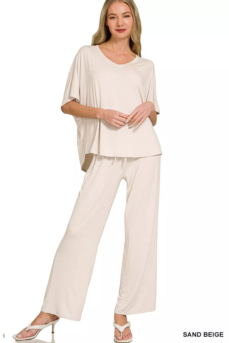 Sand Beige Zenana V Neck Oversized Top Pants Set