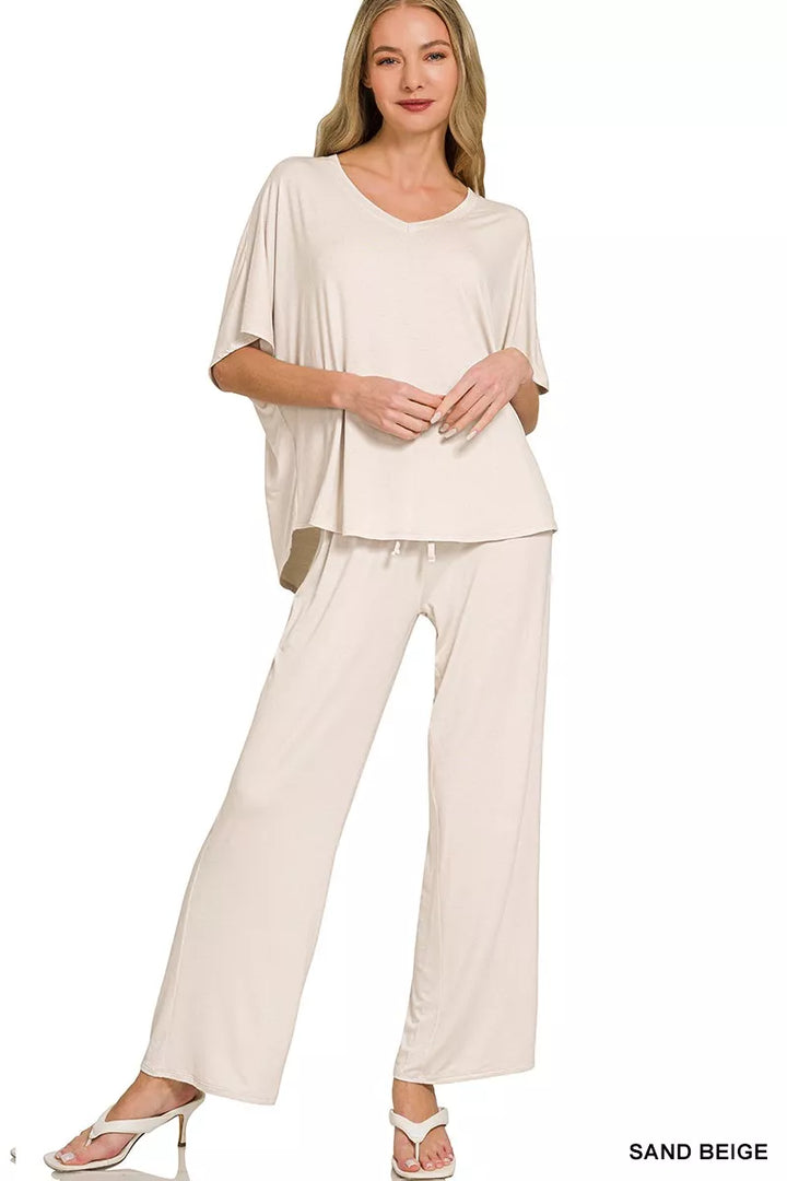 Sand Beige Zenana V Neck Oversized Top Pants Set