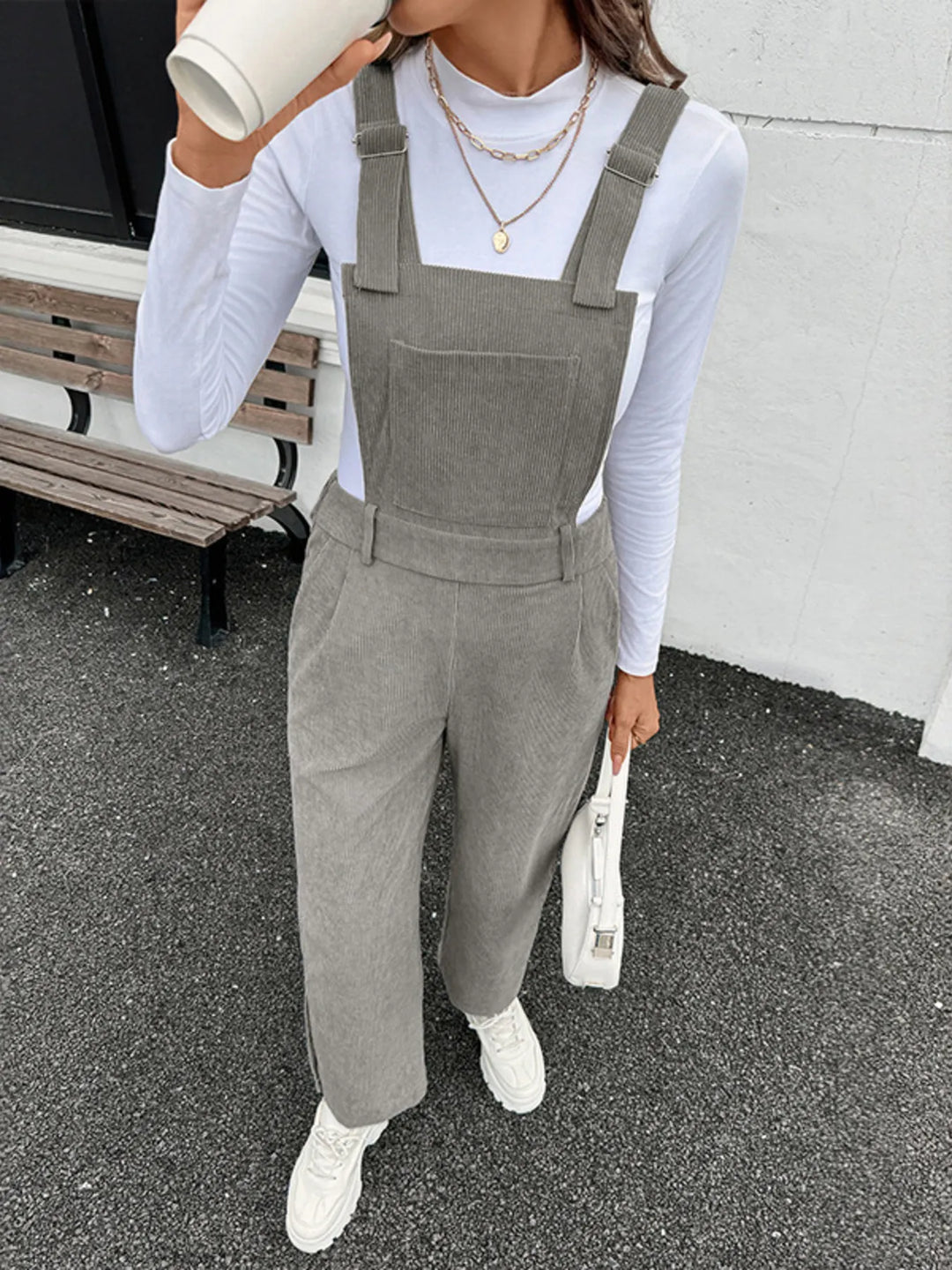 Grey Slit Wide Leg Overalls With Pockets