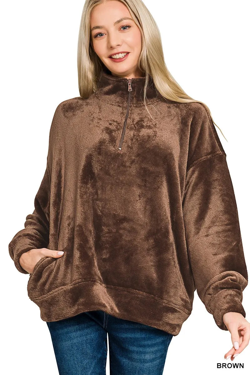 Brown Zenana Faux Fur Half Zip Pocket Pullover 1