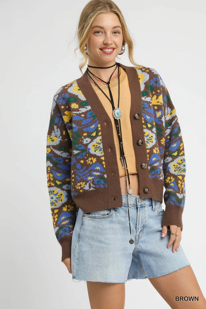 Brown Umgee Floral Knit Button Up Cardigan 1