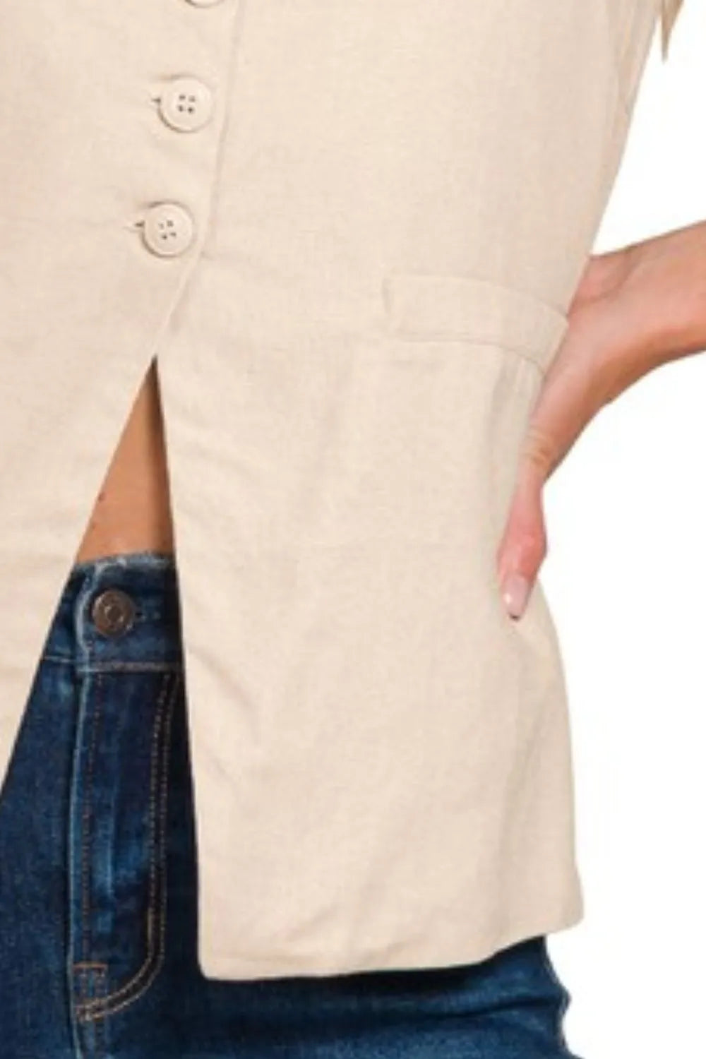 Sand Beige Zenana Linen Tie Back 4 Button Vest With Lining 2
