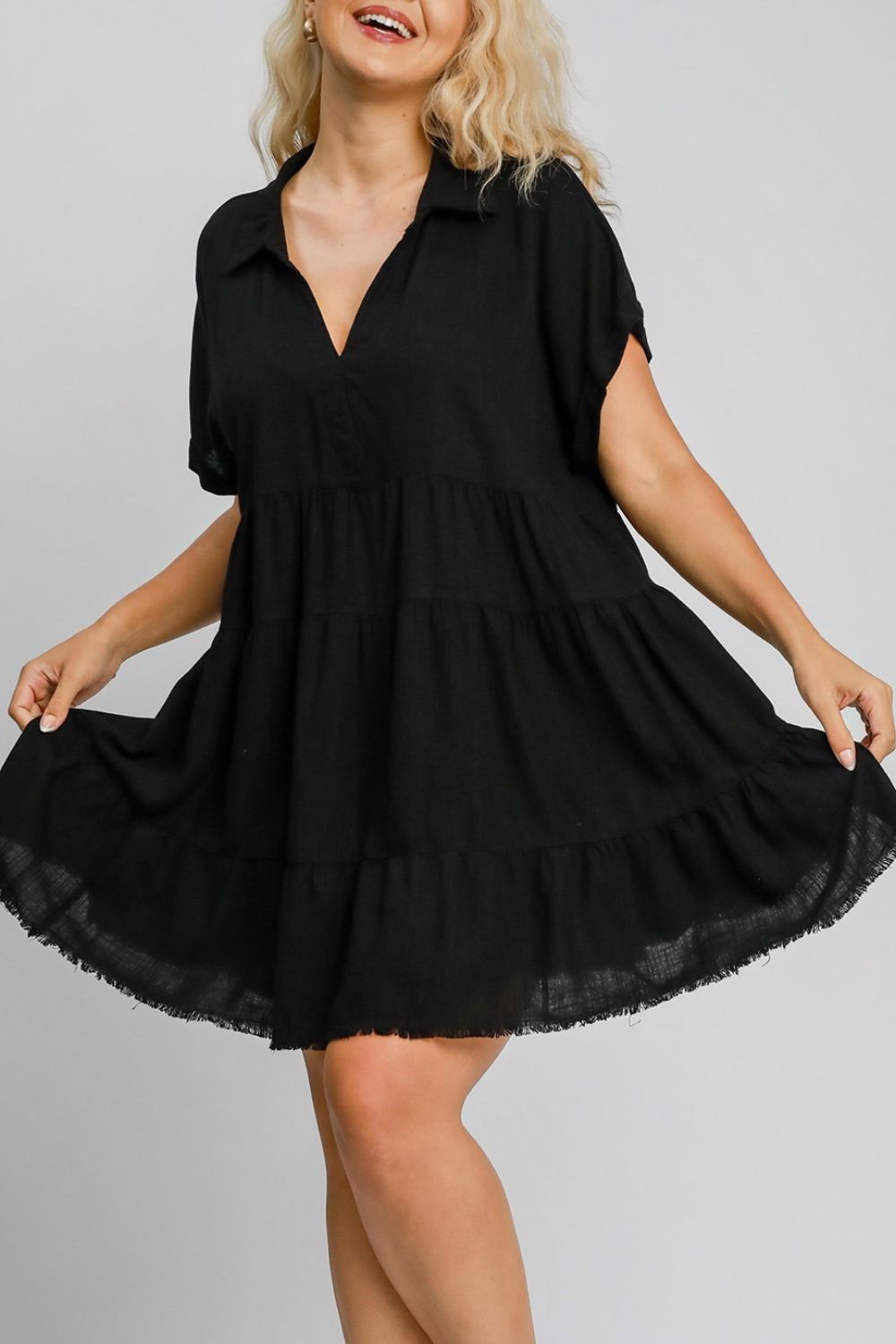 Black Umgee Full Size Raw Hem Folded Sleeve Tiered Dress Plus Size 2