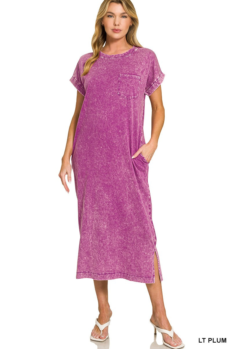 Lt Plum Zenana Washed Exposed Seam Short Sleeve T Shirt Dress 1