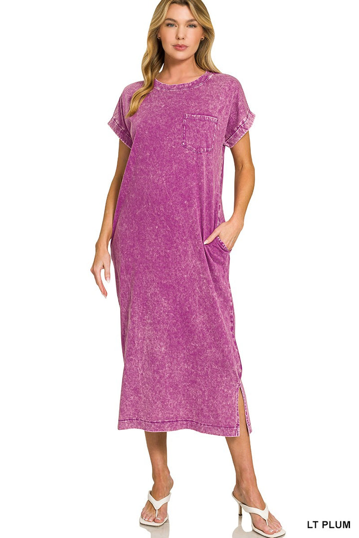 Lt Plum Zenana Washed Exposed Seam Short Sleeve T Shirt Dress 1