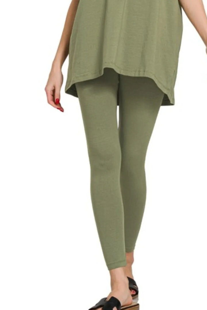 Lt Olive Zenana Cotton Round Neck Top Legging Set 3