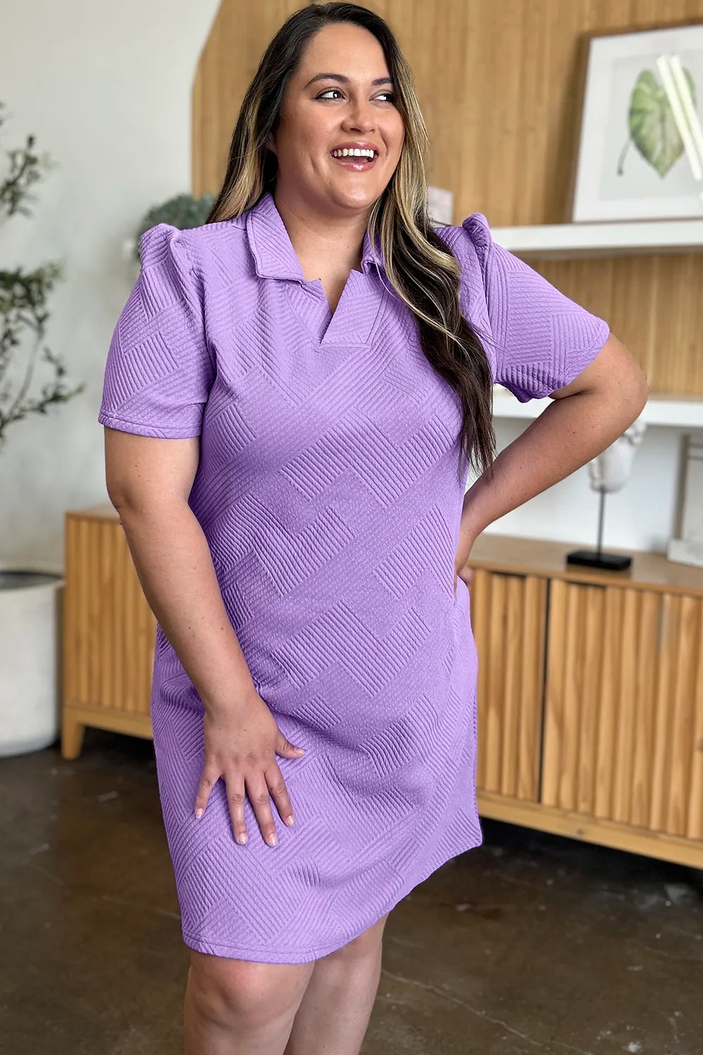 Lavender Double Take Full Size Texture Collared Neck Short Sleeve Dress
