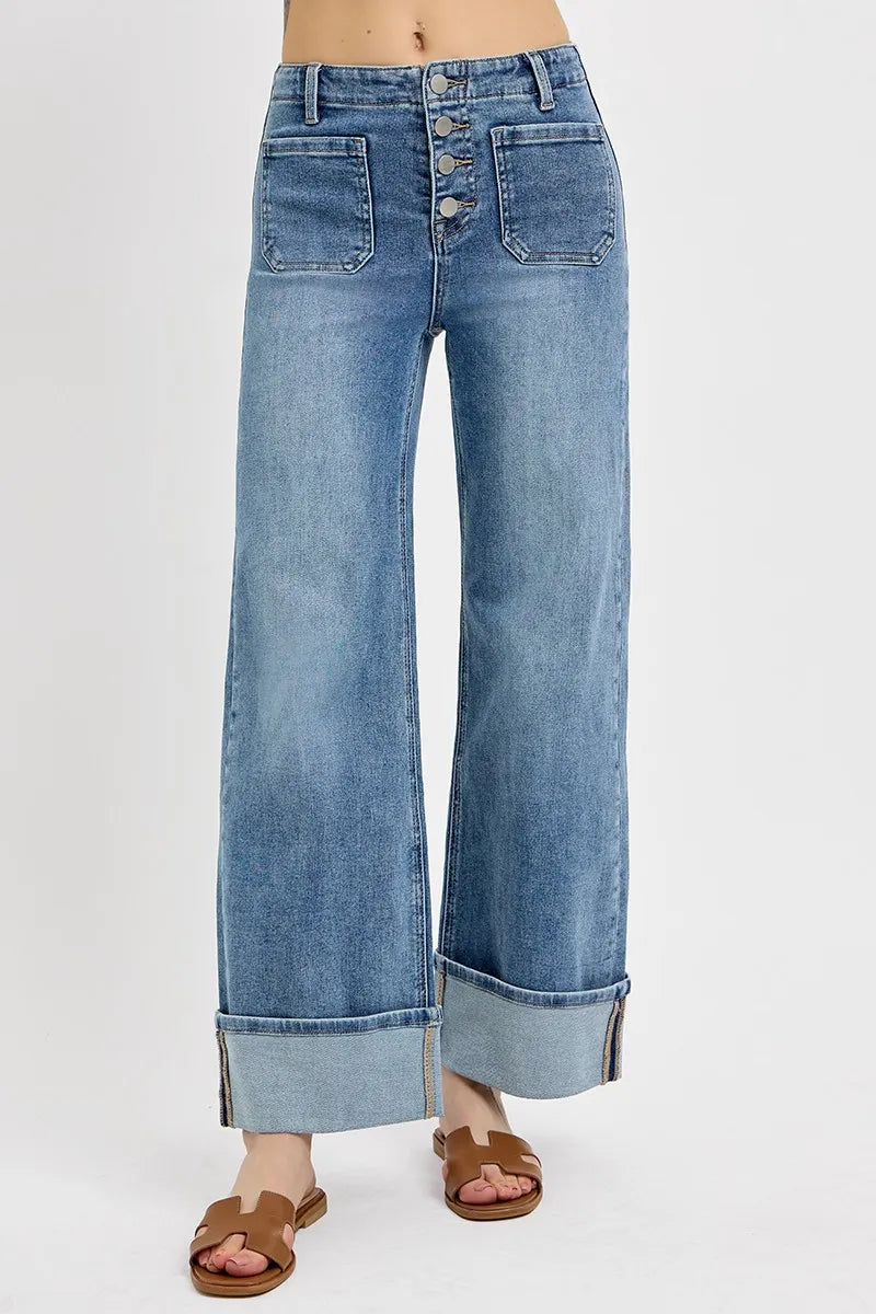 Medium Risen High Rise Ankle Wide Button Patch Pocket Cuffed Jeans