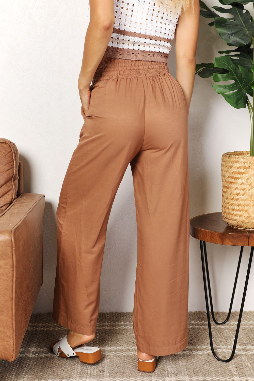 Camel Double Take Drawstring Smocked Waist Wide Leg Pants