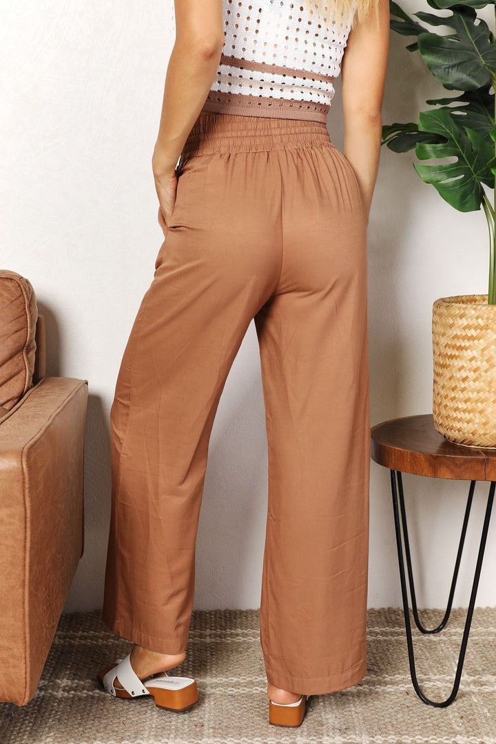 Camel Double Take Drawstring Smocked Waist Wide Leg Pants