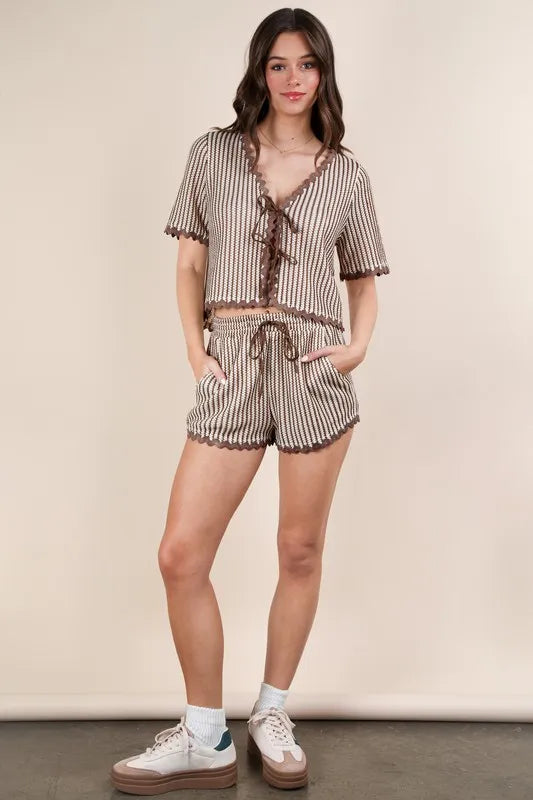 Very J Wave Trim Detail Knit Top Shorts Set