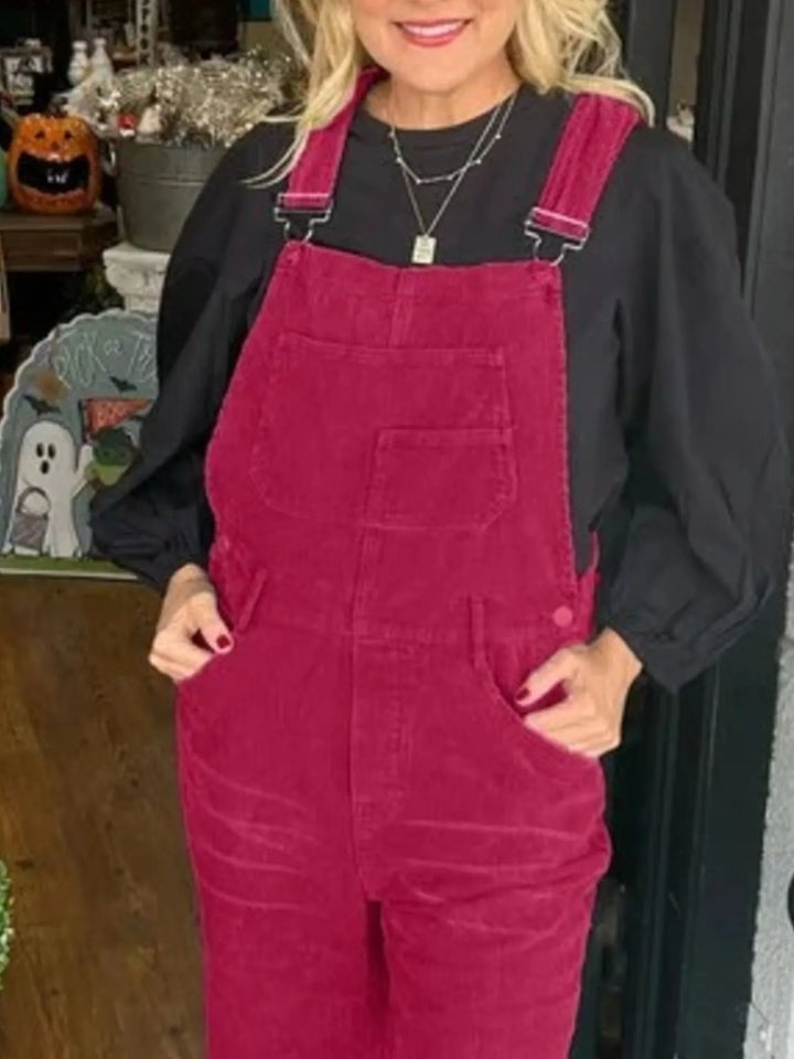 Khaki Distressed Wide Leg Corduroy Overalls