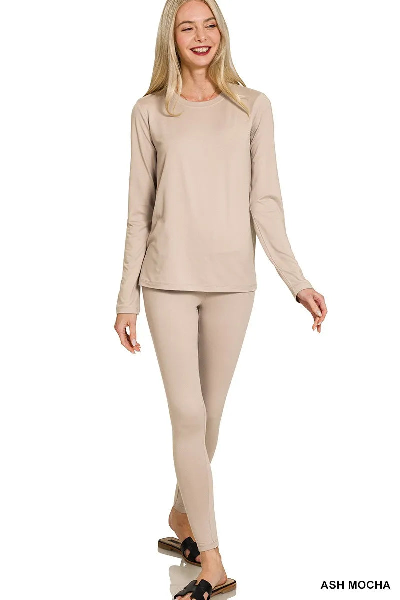 Ash Mocha Zenana Microfiber Round Neck Top And Leggings Set 1