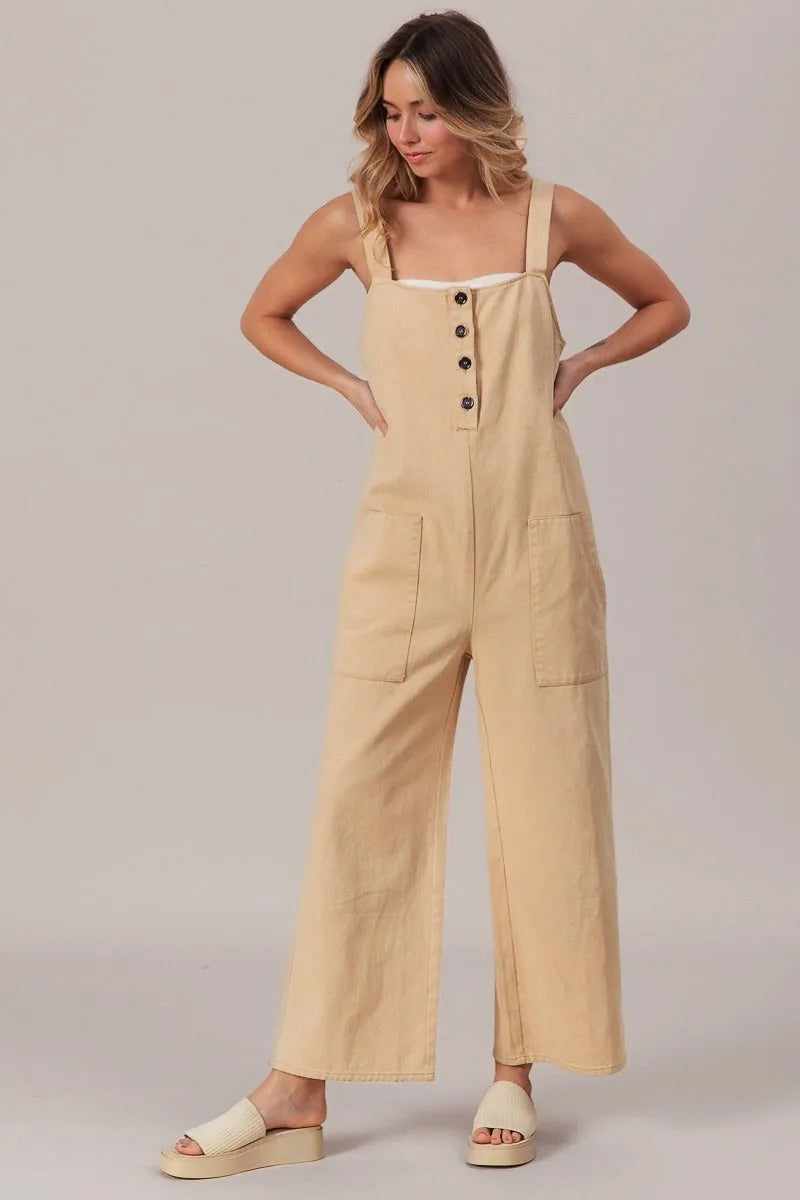 Oatmeal Bibi Washed Denim Buttoned Overall Jumpsuit