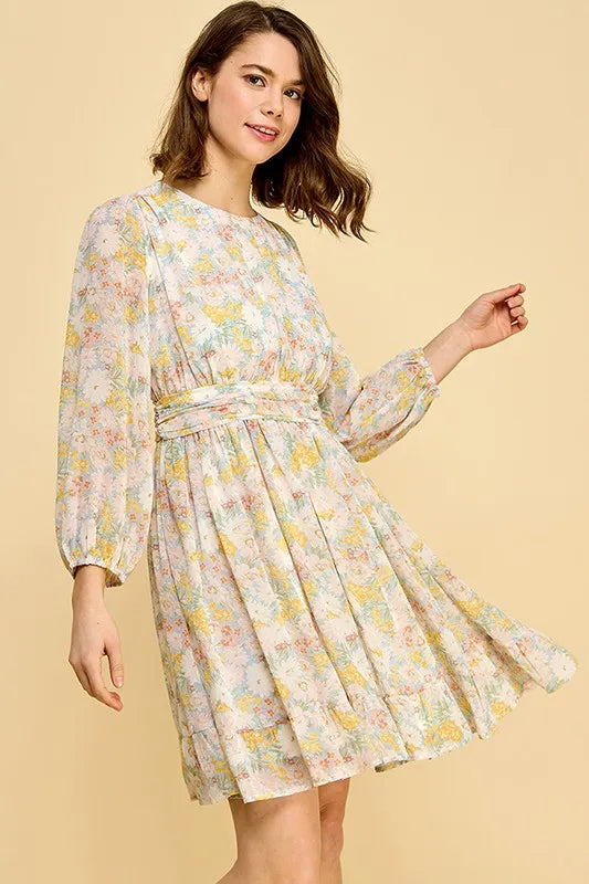 Lime N Chili Chiffon Floral Print Belted Dress With Back Zipper