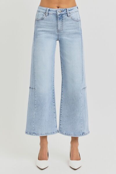 Light Risen Full Size High Rise Seamed Detail Wide Leg Crop Jeans