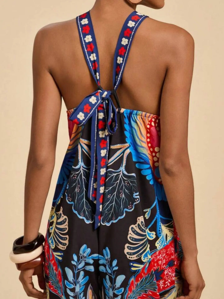 Sky Blue Printed Halter Wide Leg Jumpsuit