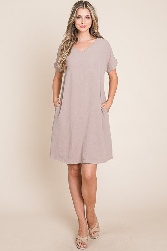 Dust Storm Bombom V Neck Short Sleeve Dress With Pockets