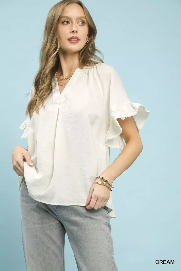 Cream Umgee Ruffle Sleeve V Neck Flutter Blouse 1