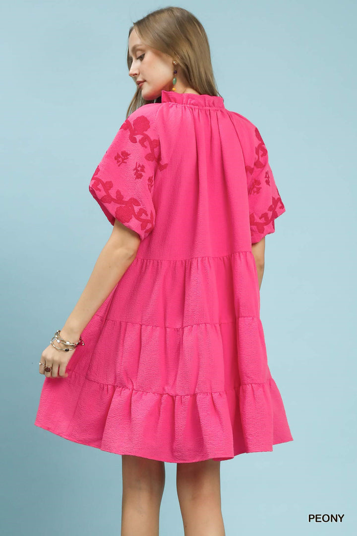 Peony Umgee Embroidered Tiered Puff Sleeve Mini Dress