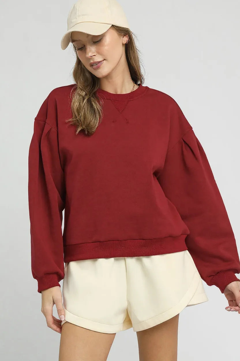 Burgundy Umgee Round Neck Sweatshirt With Pleated Detail 1