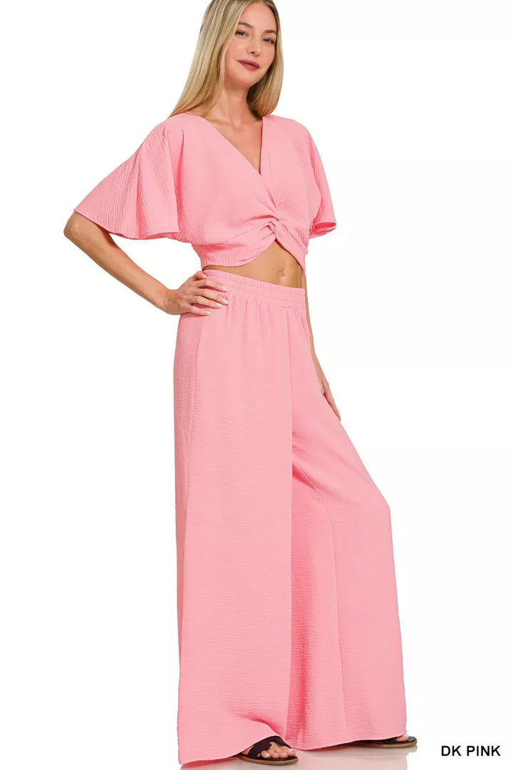 Dk Pink Zenana Woven Airflow Twisted Top Wide Leg Pants Set 2