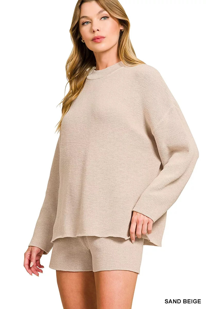 Sand Beige Zenana Round Neck Knit Top And Shorts Sweater Set 1