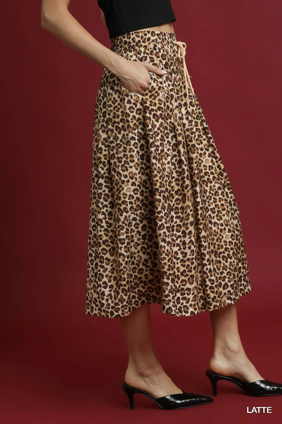 Latte Umgee Drawstring Leopard Midi Skirt 1