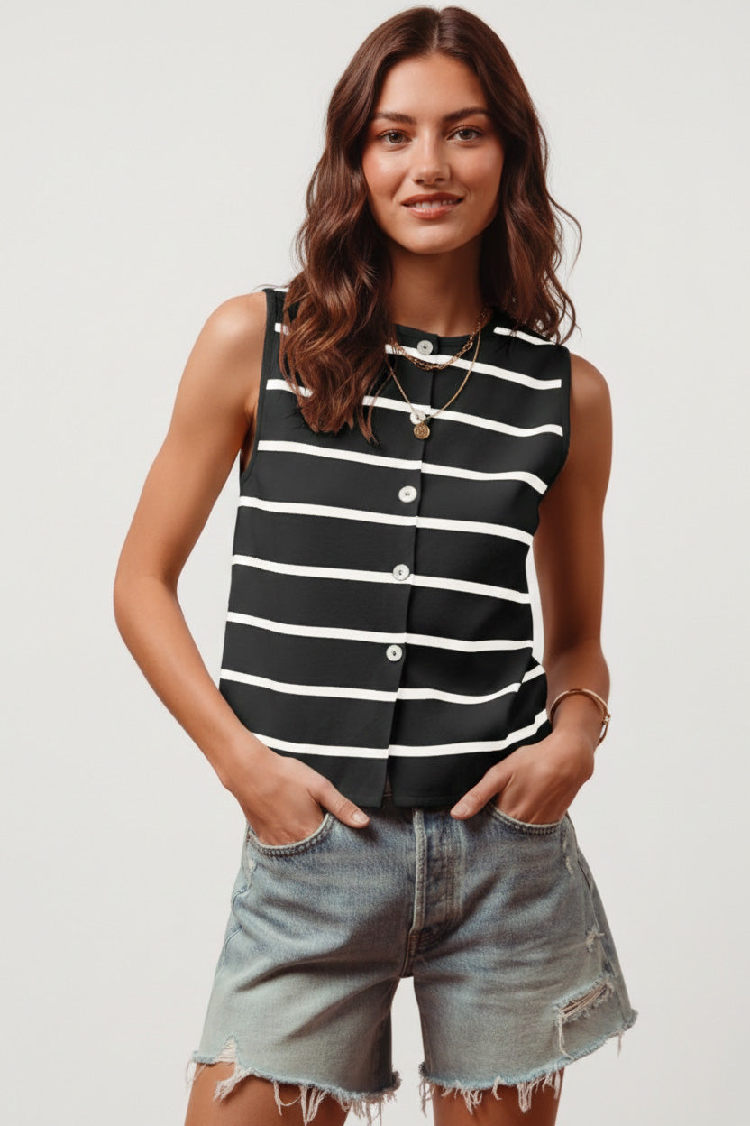 Black/Off White So Me Button Front Stripe Fine Sweater Sleeveless Top