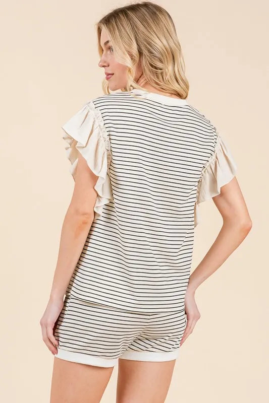 Lime N Chili Striped Ruffle Sleeve Round Neck Top Shorts Set