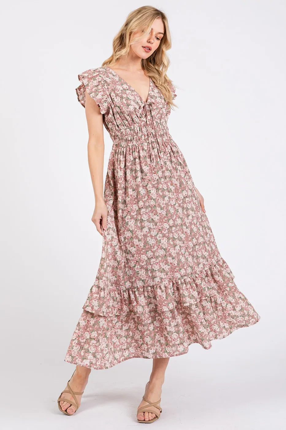 Mauve Mittoshop Flower Print Ruffle Cap Sleeve V Neck Midi Dress