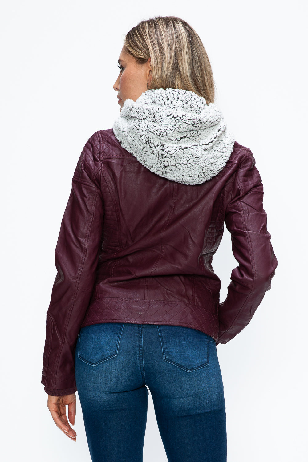 Wine Ymi Faux Layered Double Zipper Jacket With Fuzzy Hood 1