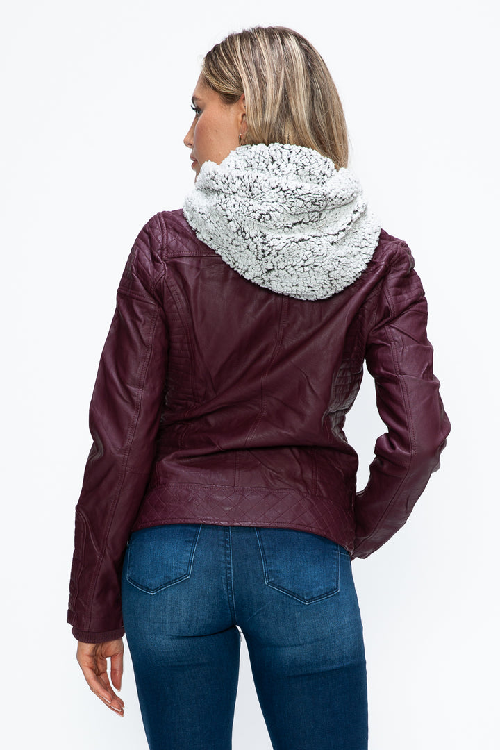 Wine Ymi Faux Layered Double Zipper Jacket With Fuzzy Hood 1