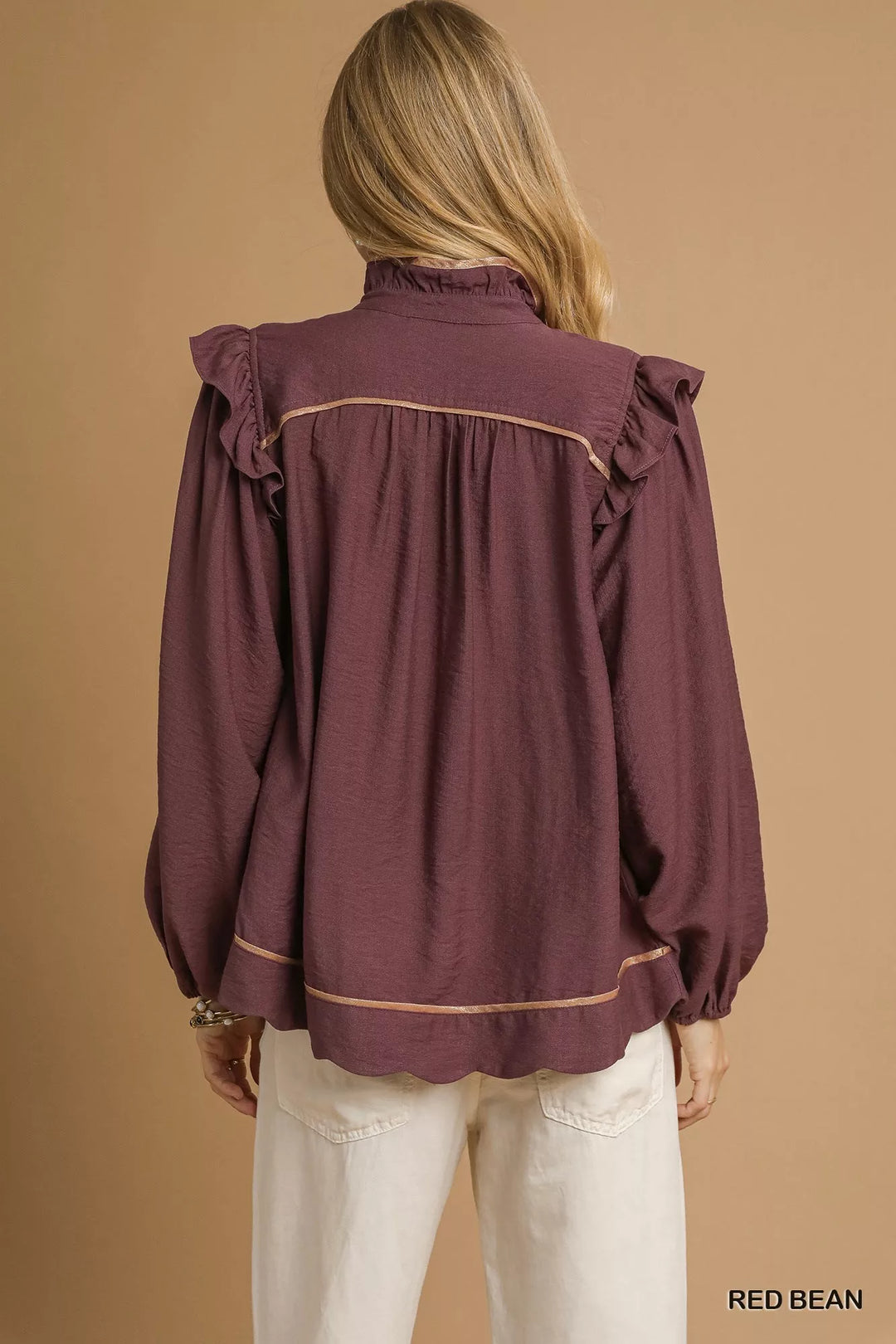 Red Bean Umgee Ruffle Shoulder Long Sleeve Blouse