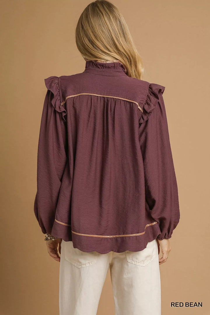 Red Bean Umgee Ruffle Shoulder Long Sleeve Blouse