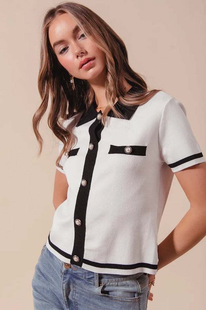 Ivory/Black So Me Button Down Knitted Sweater Shirt Top