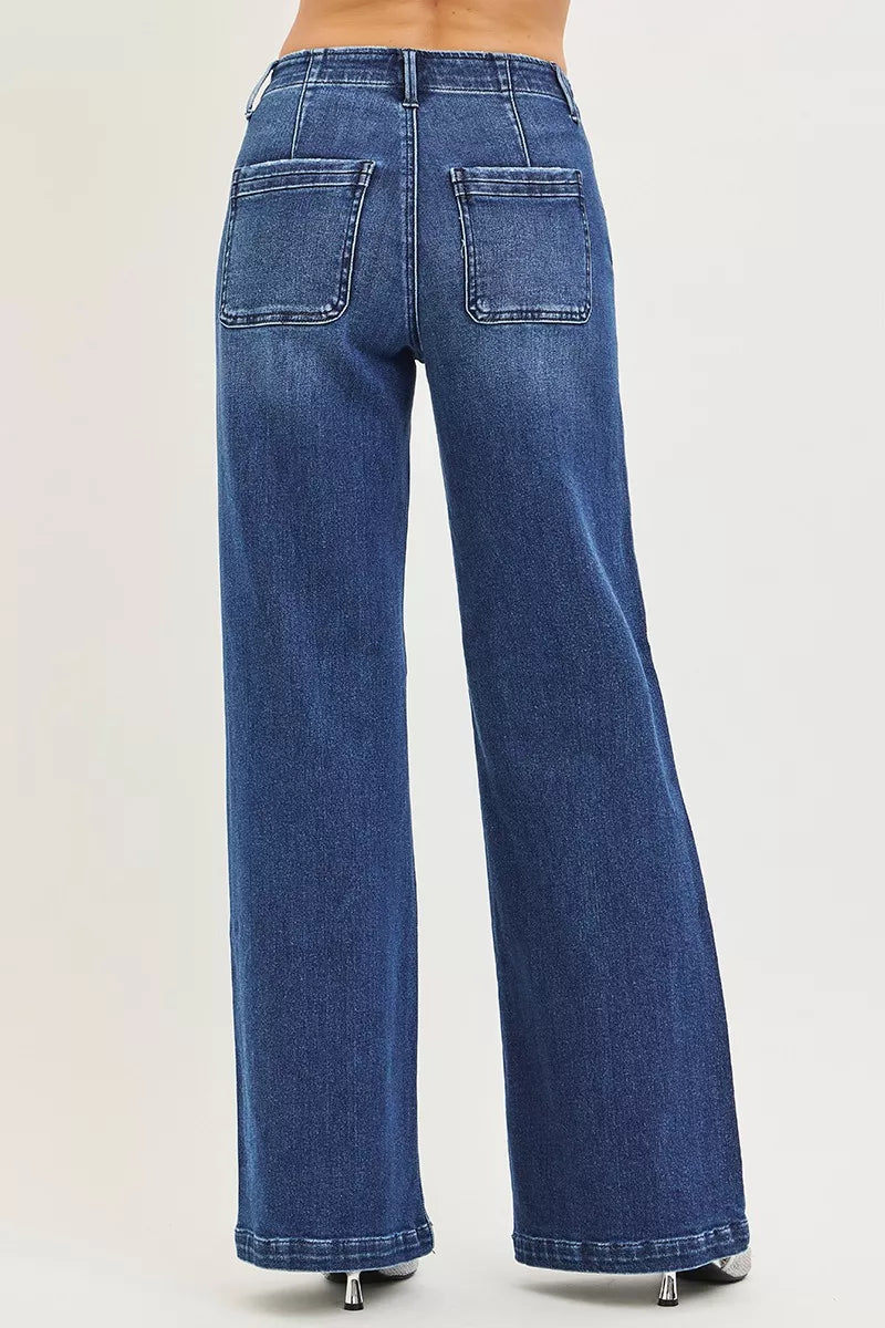 Dark Risen High Rise Wide Leg Slanted Pocket Jeans