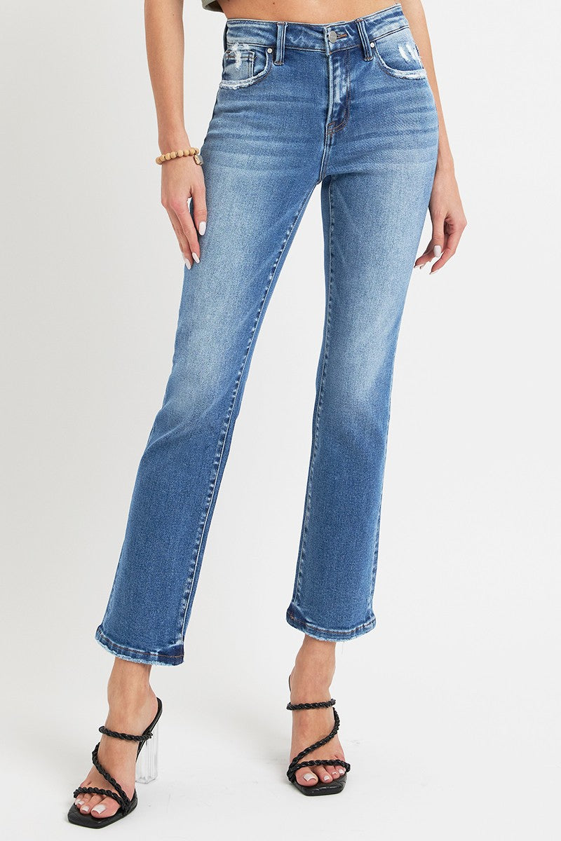 Dark Risen Full Size Mid Rise Ankle Straight Jeans With Pockets