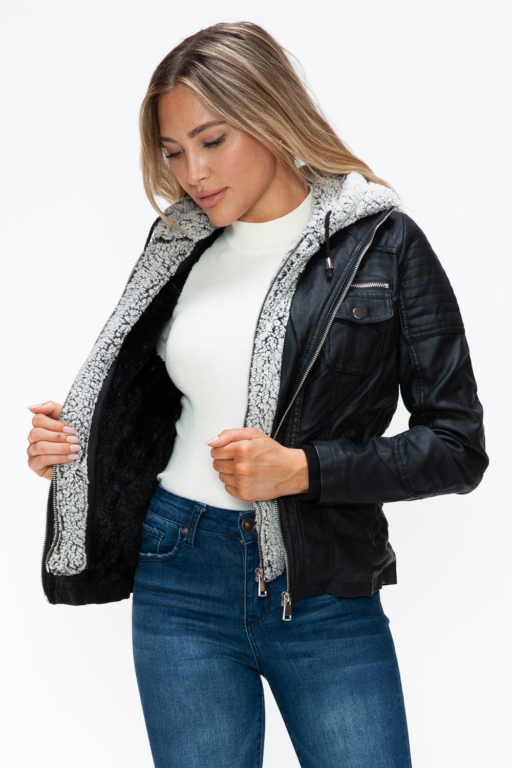 Ymi Removable Faux Layered Multi Pocket Jacket With Fuzzy Hood