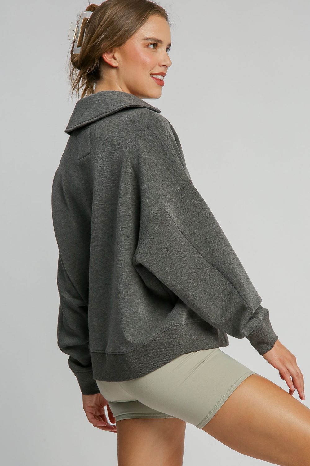 Charcoal Umgee Johnny Collar Dropped Shoulder Sweatshirt 2
