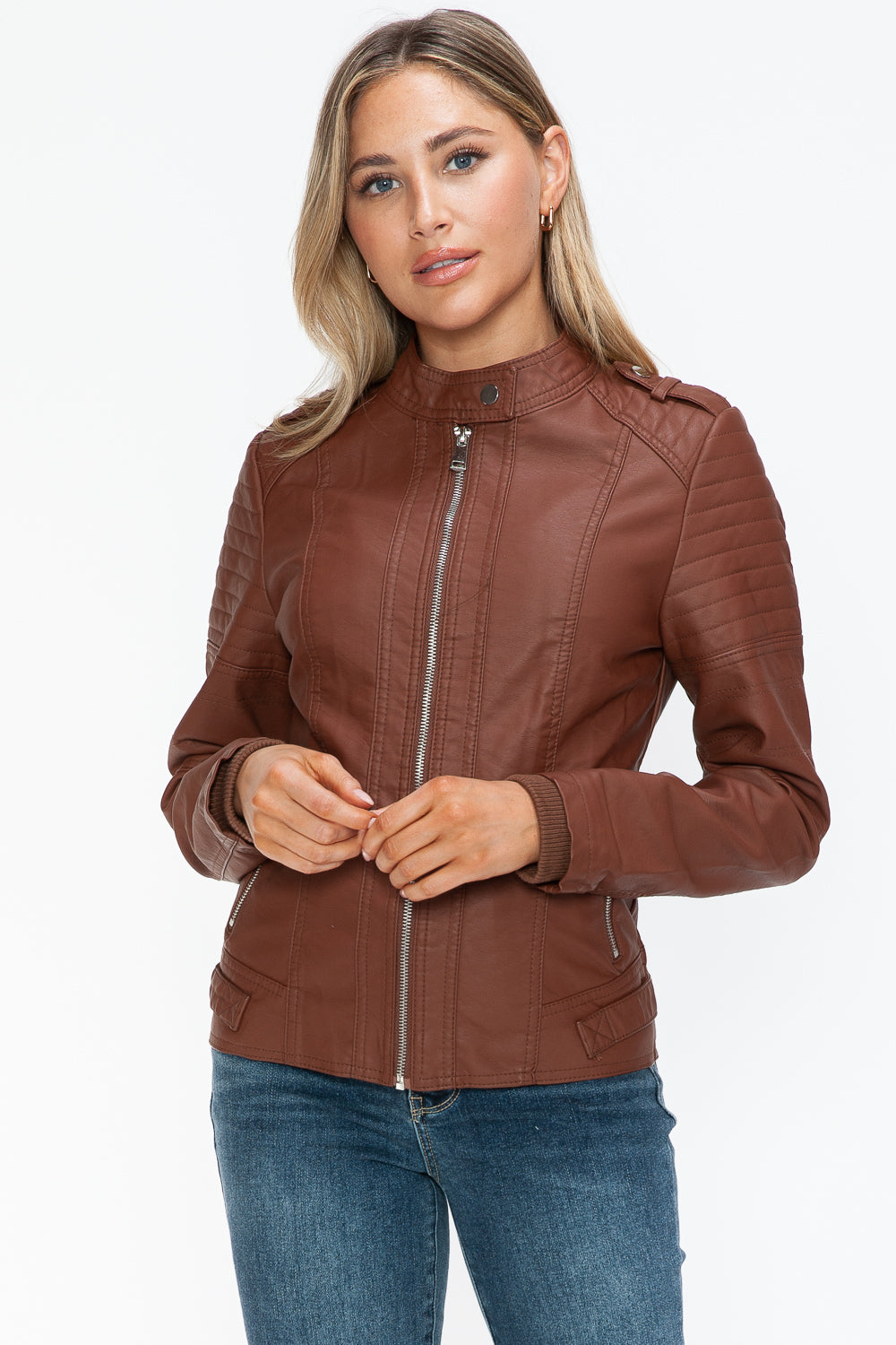 Snobbish Pu Leather Biker Jacket With Side Zip Pockets 4