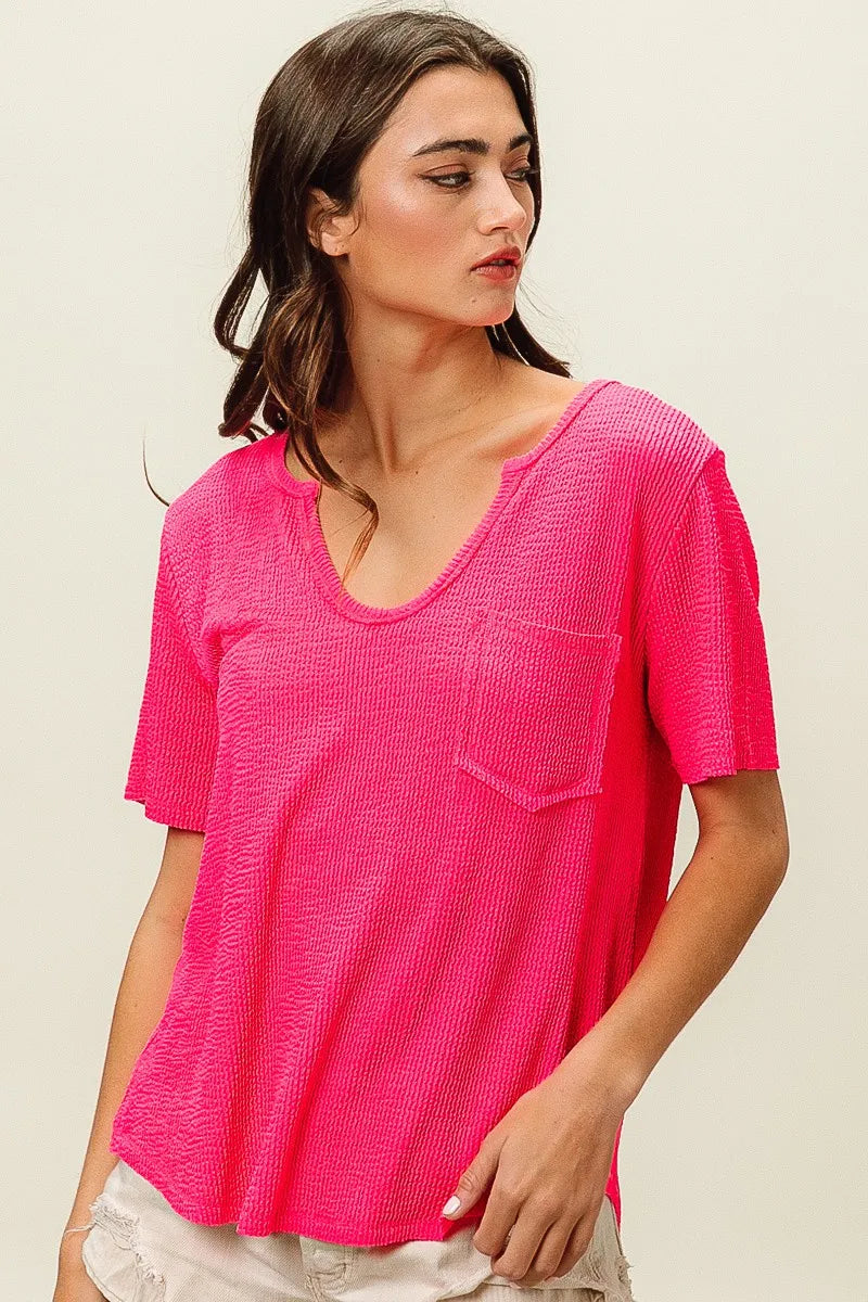Fuchsia Bibi Waved Rib U Neck Top With Front Pocket