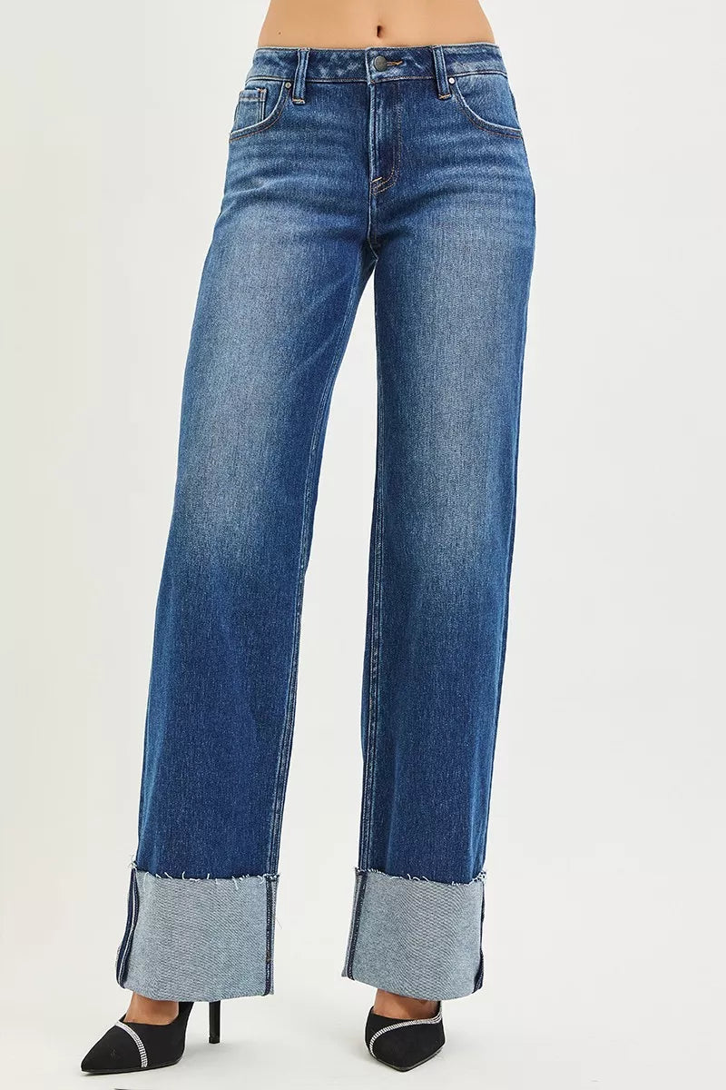 Dark Risen Mid Rise Wide Straight Jeans With Wide Cuff