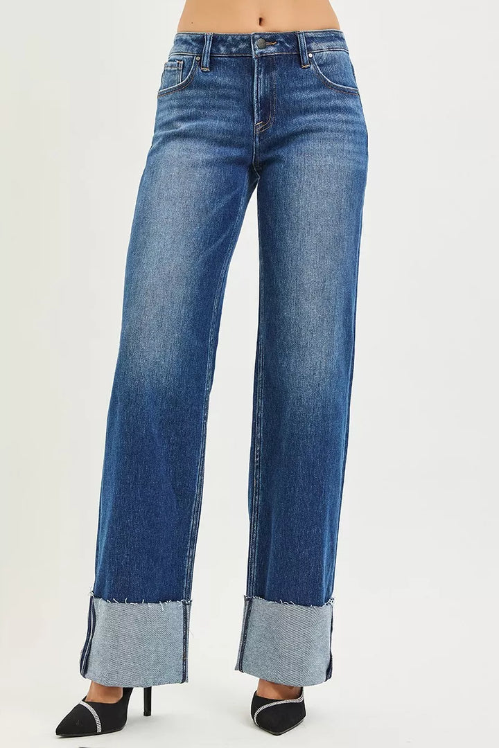 Dark Risen Mid Rise Wide Straight Jeans With Wide Cuff