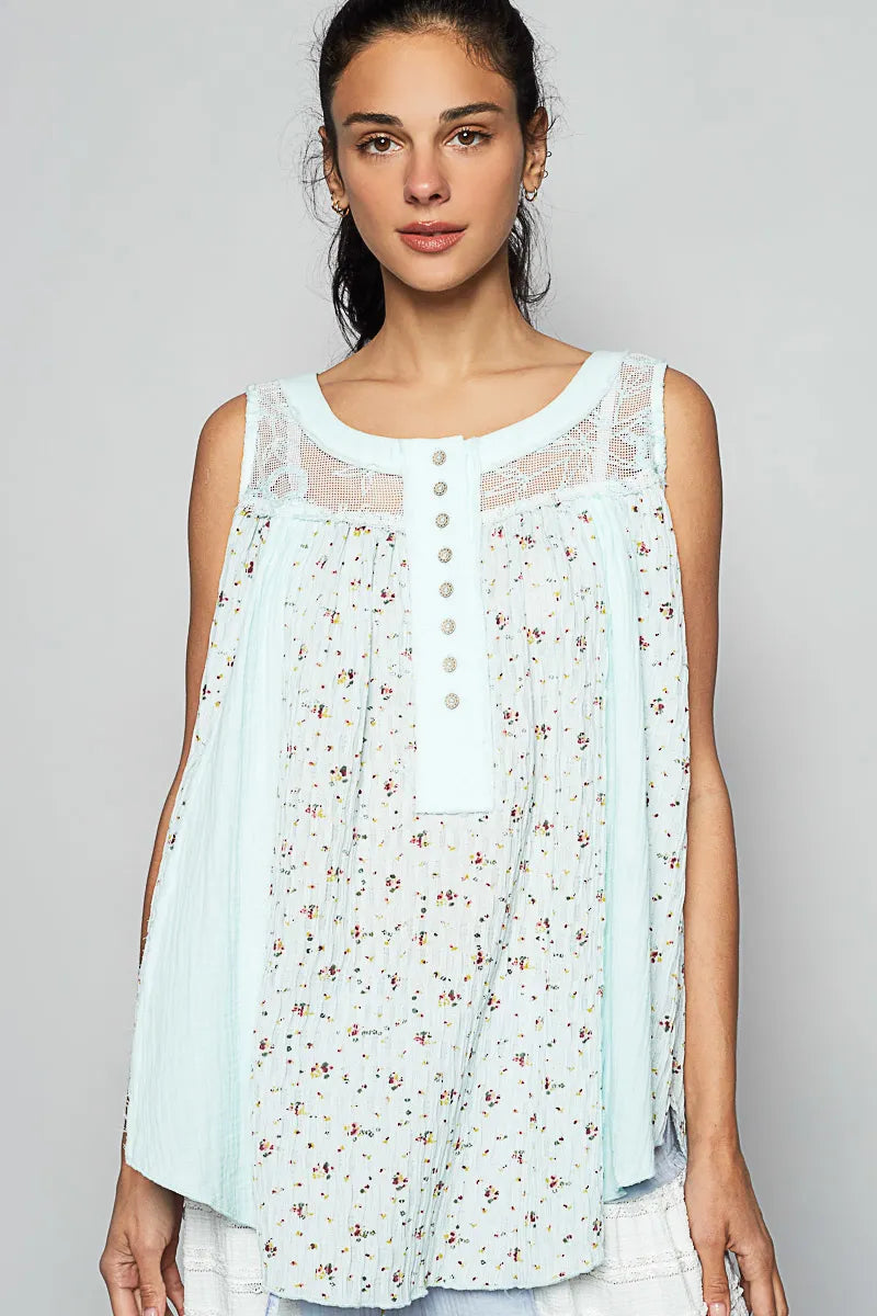 Mint Blue Pol Floral Print Button Front Lace Patchwork Tank Top